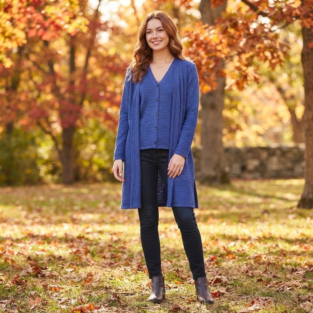 J. Jill Blue Textured Knit 2 Piece Set Long Cardigan and Button Shell Medium
